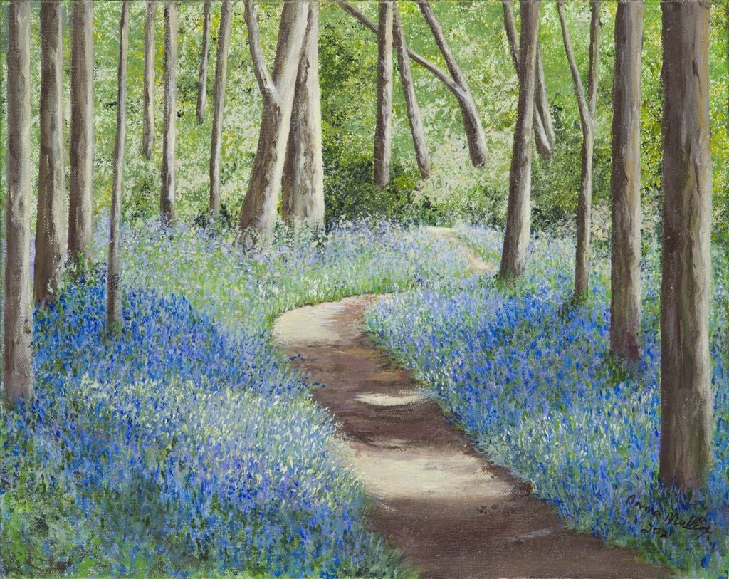 Painting of a winding path through a wood carpeted with bluebells
